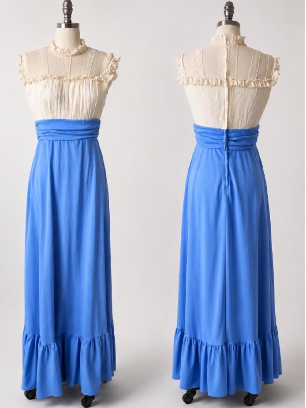 VTG 70s Lorrie Deb San Francisco Blue Cream Lace Maxi Dress Prairie S/M